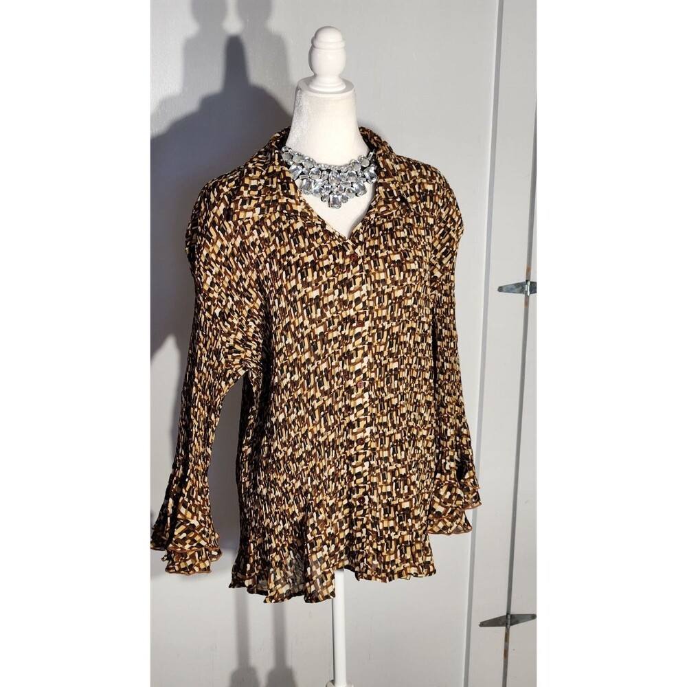 ESSENTIALS BY MILANO FORMAL BLOUSE COLOR BROWN LONG SLEEVE POLYESTER SIZE 2X